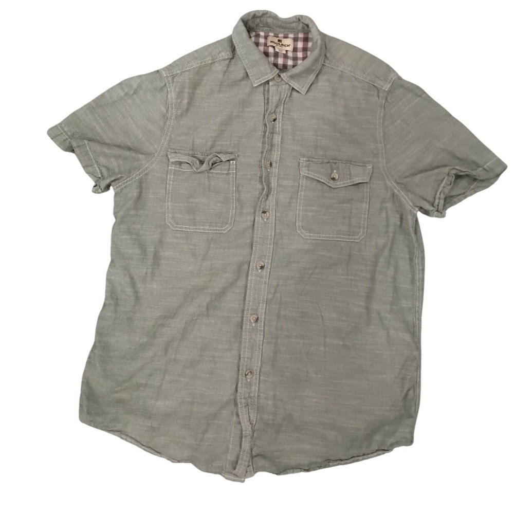 Woolrich Mens Short Sleeve Button Up Shirt Sage Green Plaid Collar Size M Medium